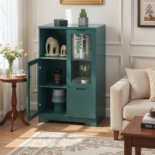 Sunvega Green MDF Cabinet with Glass Doors and Drawer for Bedroom Living Room