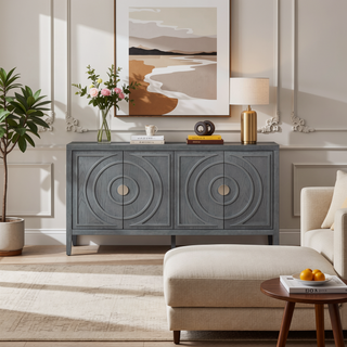 Sunvega Retro Sideboard Door with Circular Groove Design Round Metal Handle for Entrance