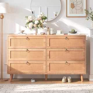 Sunvega Modern 6-Drawer Double Dresser with Rattan Drawers for Bedroom Storage