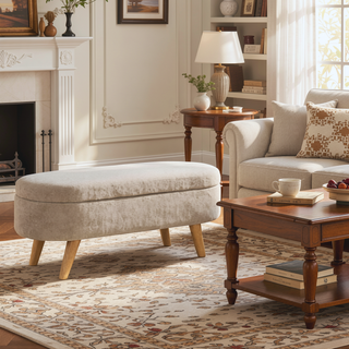 Sunvega 43.3" Teddy Fleece Upholstered Storage Ottoman Bench with Hidden Compartment and Wood Legs
