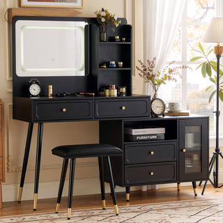 Sunvega Modern Makeup Vanity Desk with Retractable Mirror and LED Lights