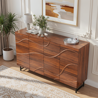 Sunvega Wave Relief Design Wood Sideboard with Iron Legs for Living Room Storage