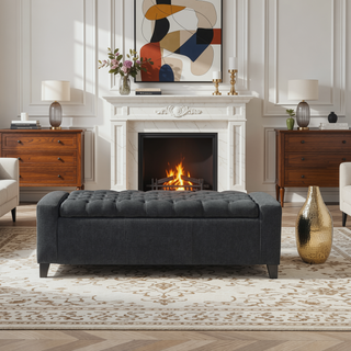 Sunvega Dark Blue Tufted Storage Ottoman with Removable Lid for Living Room