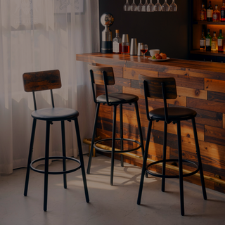 Sunvega Rustic Brown Bar Table Set with 2 PU Soft Seat Backrest Stools for Small Spaces