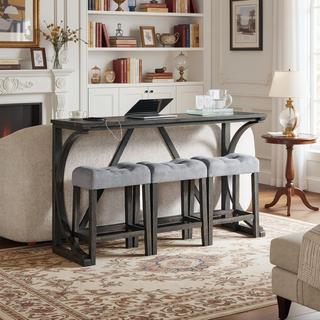 Sunvega 59 Inch Bar Table Set with Power Outlet and 3 Upholstered Stools for Living Room