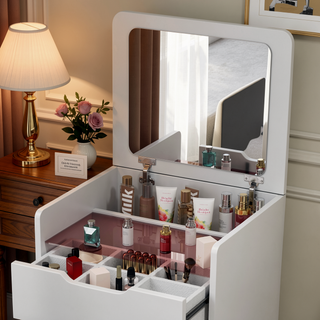 Sunvega 3 in 1 Vanity Desk with Flip Top Mirror and Glass Desktop for Bedroom