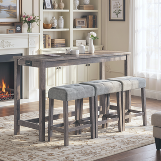 Sunvega Industrial Bar Table Set with Power Outlet and 4 Ergonomic Chairs for Living Room