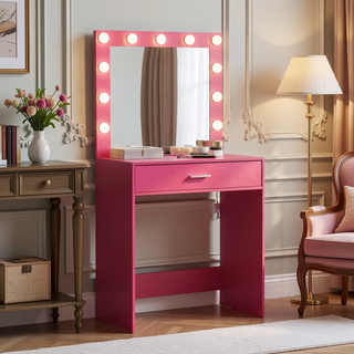 Sunvega Vanity Desk with Mirror Lights Large Drawer 1 Level Storage Dresser
