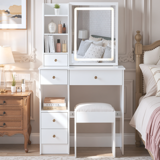 Sunvega Small Size Left Drawer Vanity Table with Adjustable LED Mirror and Stool