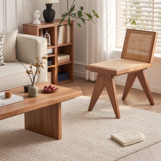 Sunvega Mid-Century Modern Rattan Bench with Natural Finish for Kitchen Dining