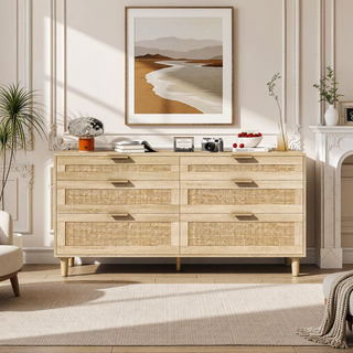 Sunvega 6 Drawer Rattan Dresser with Metal Handle and Wood Legs for Bedroom Storage