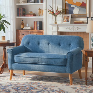 Sunvega Muted Blue Loveseat with Tufted Backrest and Tapered Wooden Legs