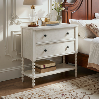 Sunvega Antique Cream Nightstand with Turned Legs and Natural Whitewash Look