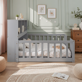 Sunvega Twin Floor Bed with Bedside Bookcase Guardrails and Shelves in Grey