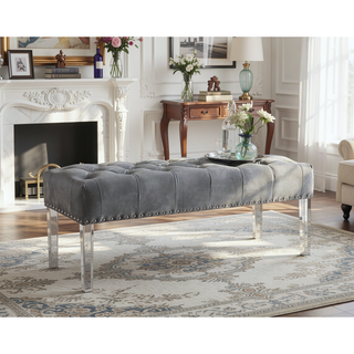 Sunvega Blue Velvet Upholstered Bench with Button Tufted Detail and Acrylic Legs