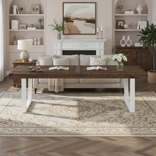 Sunvega Modern Acacia Wood Dining Bench with Iron Legs in Dark Brown and White