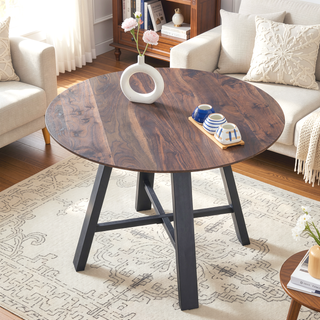 Sunvega Modern Round Dining Table with Dark Wood Texture and Black Metal Legs