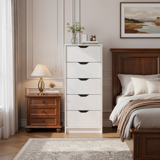 Sunvega Five Drawer Narrow Dresser in White Finish for Bedroom