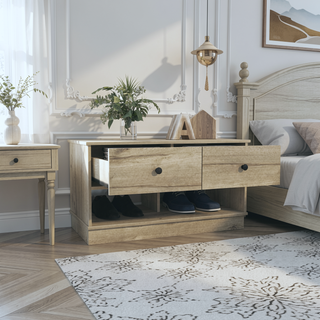 Sunvega Light Oak Storage Bench with Two Open Shelves and Two Drawers