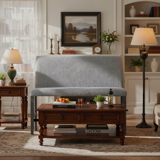 Sunvega Gray Upholstered Bench With Back In Transitional Walnut Ash Style