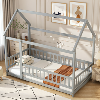 Sunvega Twin Size Wooden Floor Bed with Roof Frame and Safety Guardrails in Grey