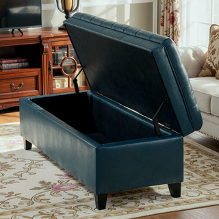 Sunvega Blue Fabric Storage Ottoman with Birch Legs for Living Room Seating