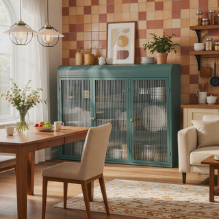 Sunvega Arched Glass Cabinet with Three Spacious Doors for Kitchen Living Room