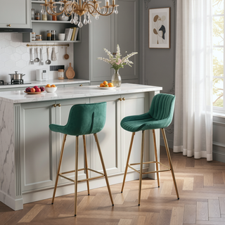 Sunvega 30 inch Set of 2 Blue Velvet Bar Stools with Chrome Footrest and Golden Legs