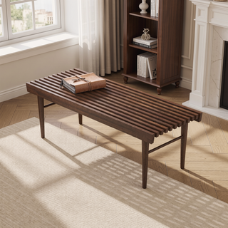 Sunvega Mid Century Modern Solid Wood Bench with Walnut Stain Finish for Living Room