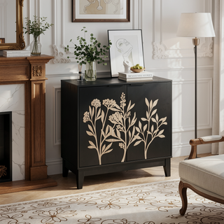 Sunvega Rattan Decorated Storage Buffet Cabinet with Bohemian Style for Living Room
