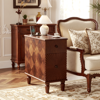 Sunvega Modern Walnut Finish Narrow Side Table with 2 Drawers for Bedroom Living Room