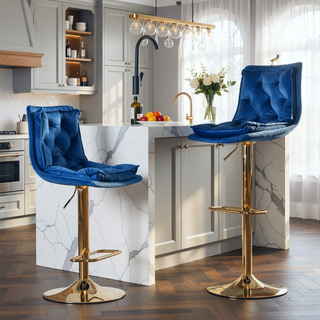 Sunvega Set of 2 Black Velvet Swivel Bar Stools with Chrome Footrest and Adjustable Height