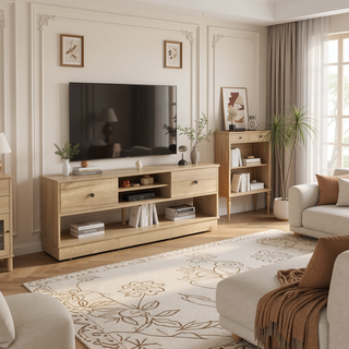 Sunvega Light Oak Storage Bench with Two Drawers and Two Open Shelves