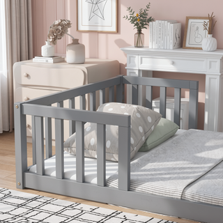 Sunvega Twin Floor Bed with Bedside Bookcase Guardrails and Shelves in Grey