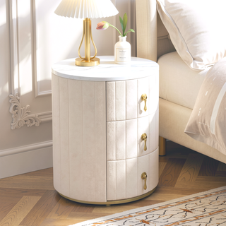 Sunvega Upholstered Round Nightstand with 3 Drawers and Marbling Top