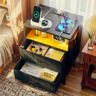 Sunvega Modern Nightstand with Charging Station USB LED Light and Fabric Drawers