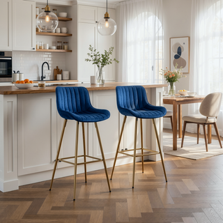 Sunvega 30 inch Set of 2 Blue Velvet Bar Stools with Chrome Footrest and Golden Legs