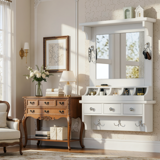 Sunvega Floating Makeup Vanity with Large Mirror Drawers Pockets and Hooks