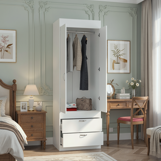 Sunvega White 70H" Double Door Cabinet with Two Drawers and Metal Handles