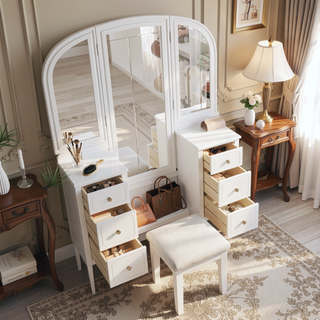 Sunvega Antique White Makeup Vanity Desk with Triple Mirror and 6 Drawers