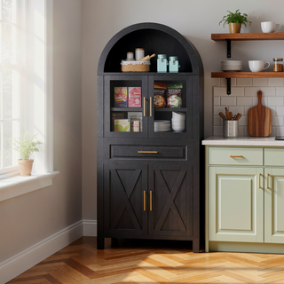 Sunvega Farmhouse Arched Glass Door Pantry Cabinet with Adjustable Shelves for Kitchen