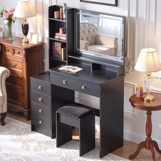 Sunvega 41 Inch Large Size Left Bedside Cabinet Vanity Table with Cushioned Stool