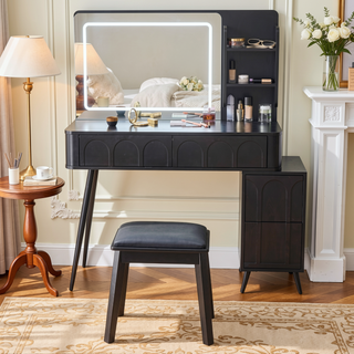 Sunvega Makeup Vanity Desk with LED Lights Mirror 4 Drawers Dressing Table Stool