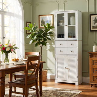 Sunvega White Tall Kitchen Pantry Cabinet with Doors Shelves and Drawer
