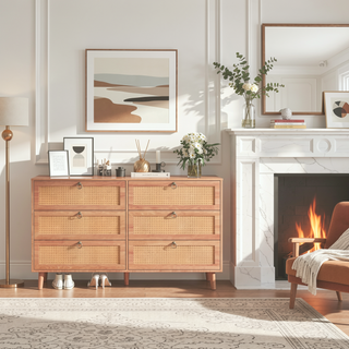 Sunvega Modern 6-Drawer Double Dresser with Rattan Drawers for Bedroom Storage