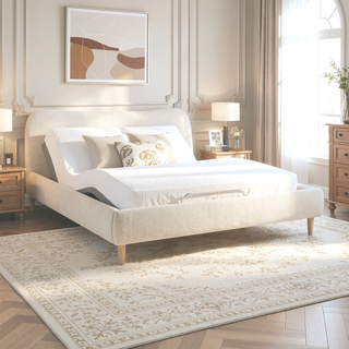 Sunvega King Upholstered Platform Bed with Curved Headboard in Oatmeal Chenille