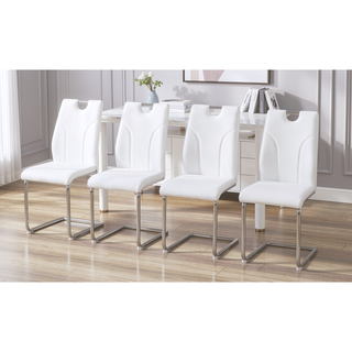Sunvega White PU Dining Chair Set with Silver Metal Legs and High Resilience Sponge Filling