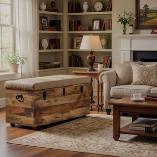 Sunvega Buffalo Hide Leather Storage Trunk in Beige Handcrafted from Solid Mango Wood