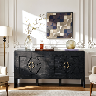 Sunvega Mid Century Modern Sideboard Buffet Cabinet with Geometric Pattern and Adjustable Shelves