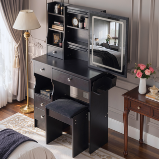 Sunvega Small Size Left Drawer Vanity Table with Adjustable LED Mirror and Stool